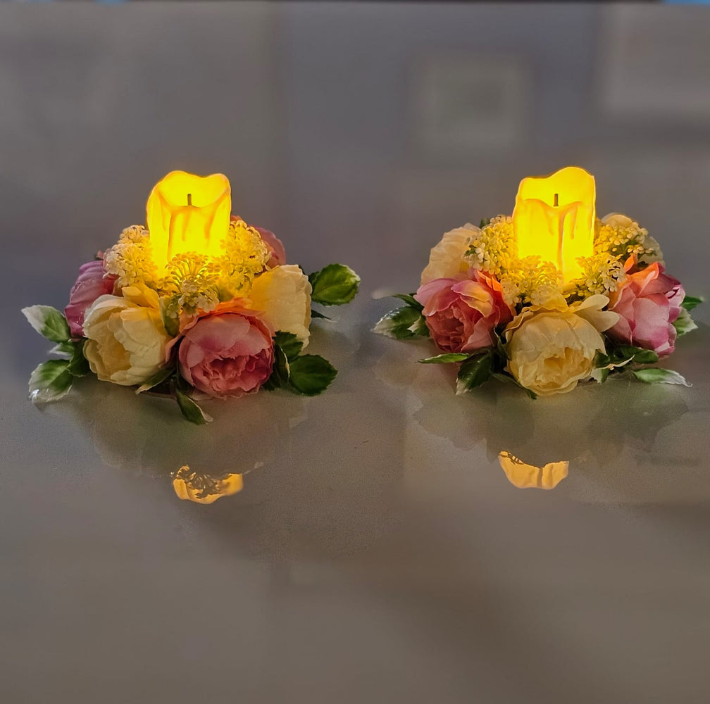 2 Pcs Artificial Flower Center Table Candle Holders with LED candle for Center Table Decor, LED Tealight Candle with Artificial Floral Arrangement, Home Decoration, Housewarming, Wedding, and Festive Decor(5 Inch)
