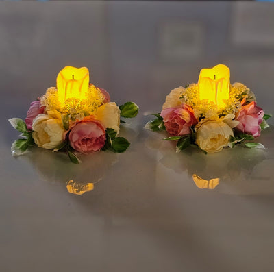 2 Pcs Artificial Flower Center Table Candle Holders with LED candle for Center Table Decor, LED Tealight Candle with Artificial Floral Arrangement, Home Decoration, Housewarming, Wedding, and Festive Decor(5 Inch)