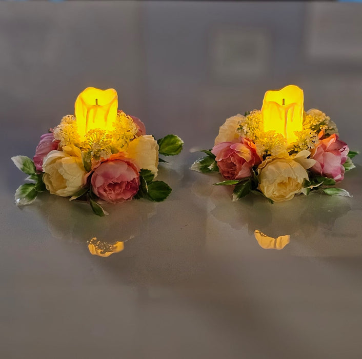 2 Pcs Artificial Flower Center Table Candle Holders with LED candle for Center Table Decor, LED Tealight Candle with Artificial Floral Arrangement, Home Decoration, Housewarming, Wedding, and Festive Decor(5 Inch)