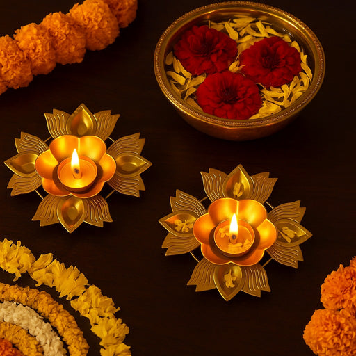 4 lotus matel diya Round Gold Polish Decorative Urli Bowl for Home Decor,Mandir Decor, Floating Flowers,Candles Diya holder, Office,Table Decor, Entrance Decoration Item (Pack of 2) (Golden)