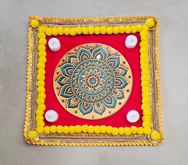 3D Mat Mandala Velvet  Rangoli with DIY Mirror Kit & 4 Free LED Candles – Festival Home Décor