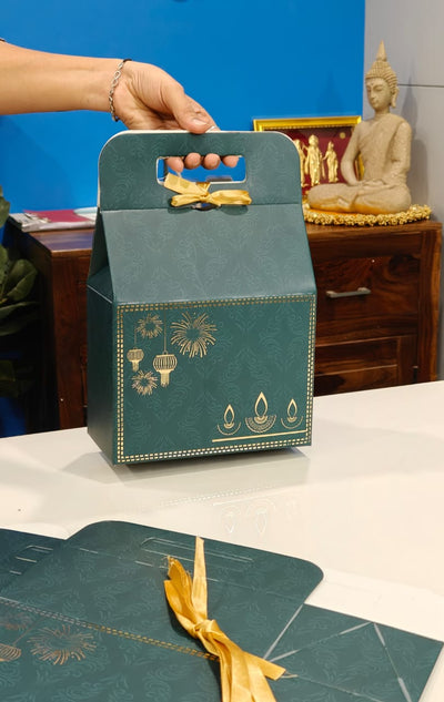 5 Pcs Bottle Green Diwali Hamper Boxes with Golden Embossed Print | Perfect for Diwali, Wedding & Party Gifting