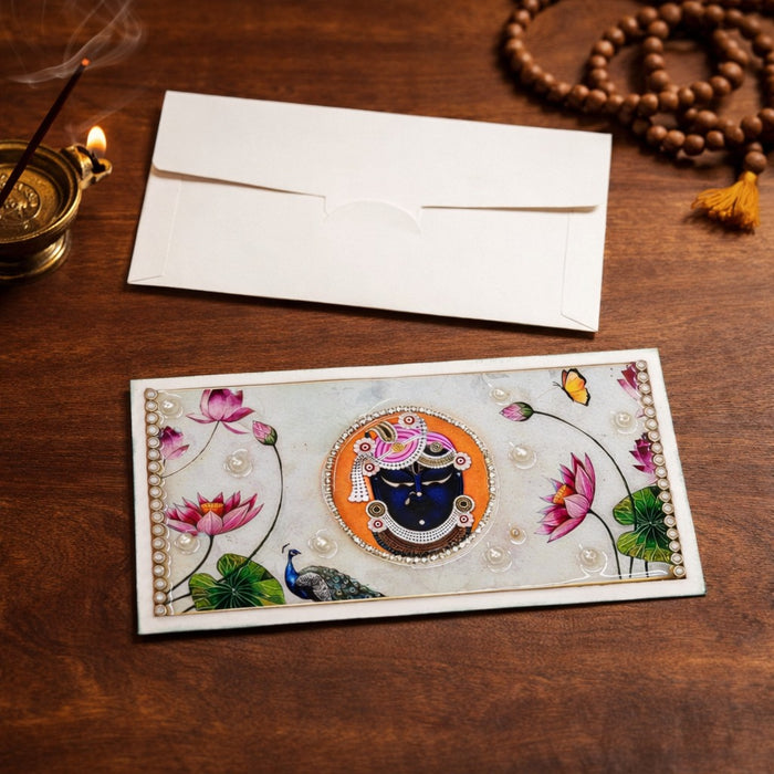 2 PCS Premium Decorative Resin Envelope/Money envelope with Krishna/shreensthji  & Elephant Design – Wedding Shagun Cash Gift Envelope (7.5×4 Inch)