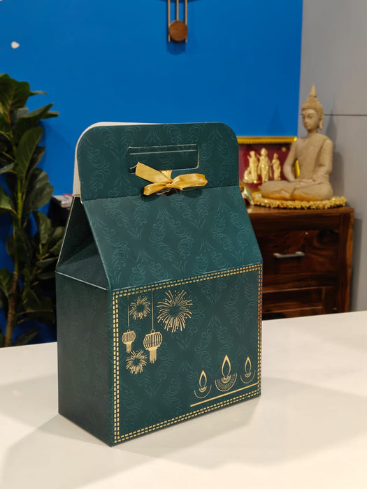 5 Pcs Bottle Green Diwali Hamper Boxes with Golden Embossed Print | Perfect for Diwali, Wedding & Party Gifting