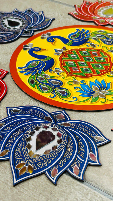 Peacock & Lotus Rangoli DIY Kit with Abhla & Glue total 16 inch after making