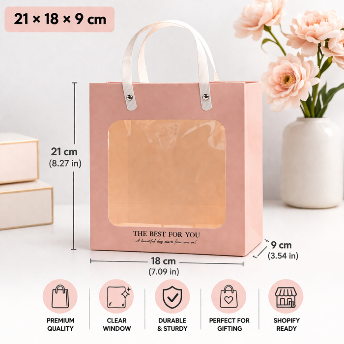 Luxury Transparent Window Gift Bag | Portable Paper Gift Bag for Birthday, Wedding, Return Gifts & Hampers | Premium Handle Bag (Medium)