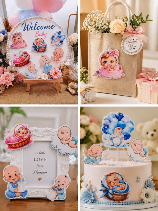 6 Pcs Baby Shower Cutout Set | Baby Boy & Baby Girl Theme Cutouts | Cake Topper & Party Decoration Kit (size 13 cm to 15 cm )