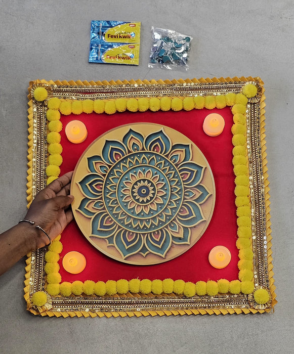 3D Mat Mandala Velvet  Rangoli with DIY Mirror Kit & 4 Free LED Candles – Festival Home Décor