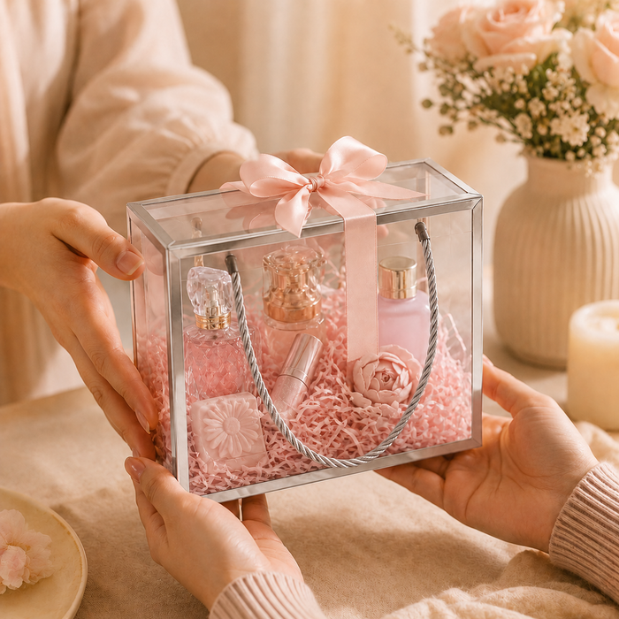Clear Transparent Gift Box with Frame and Rope Handle for Hampers, Wedding Gifts, Return Gifts, Chocolates, Dry Fruits, Cosmetics, Baby Shower, Festive Gifting & Premium Gift Packaging (14 cm x 14 cm x 7.5 cm)