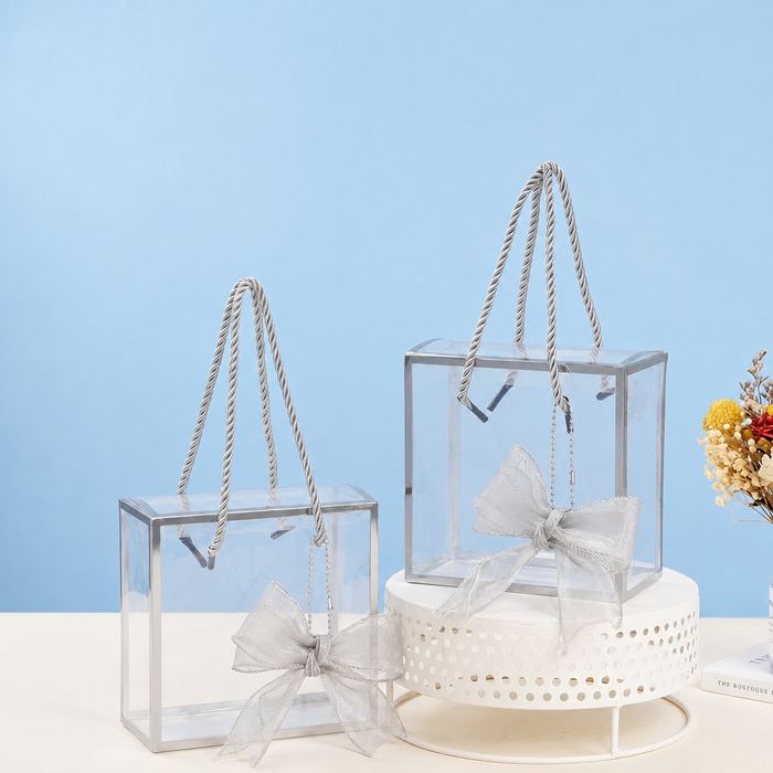 Clear Transparent Gift Box with Frame and Rope Handle for Hampers, Wedding Gifts, Return Gifts, Chocolates, Dry Fruits, Cosmetics, Baby Shower, Festive Gifting & Premium Gift Packaging (20 cm x 21 cm x 9 cm)