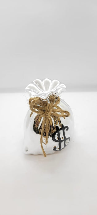SATYAM KRAFT 1 Piece Ceramic Dollar Potli Design Gullak : Piggy Bank for Rupees Savings - Coin Storage Tip Box Ideal for Kids and Adults - Money Kilona Pikibank ATM Coinbox Gulak (Pack of 1) (Silver)