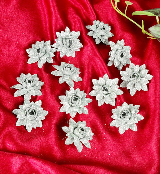 Small Glitter Artificial Fake Flower Decorative Items for Gifting, Home, Balcony, Living Room, Valentine, Wedding Decoration (Silver)