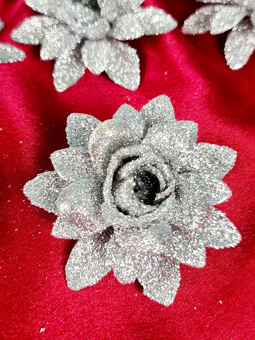 SATYAM KRAFT  Small Glitter Artificial Fake Flower Decorative Items for Gifting, Home, Balcony, Living Room, Valentine, Wedding Decoration (Silver)