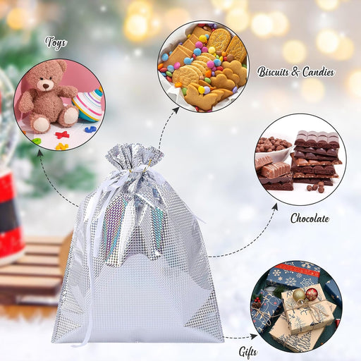 Big Size Geletin Shiny foil Paper Drawstring stylish Storage Potli pouches for Christmas Gifting, Small Jewelries, Money, Paper Notes Women Wallet, Gift Bags, return gift, Women handbag Shagun Pouch, Candy Bags.(Max 28 cm Height) (Silver)