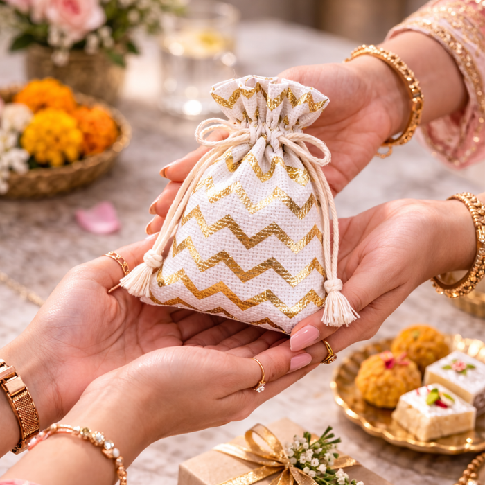 Golden Lines Drawstring Jute stylish Storage Potli pouches for Small Jewelries, Money, Paper Notes Women Wallet, Gift Bags, return gift, Women handbag Shagun Pouch, Candy Bags
