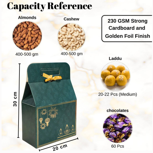 Bottle Green Diwali Hamper Boxes with Golden Embossed Print | Perfect for Diwali, Wedding & Party Gifting