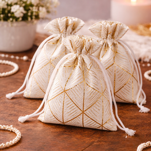 Golden Lines Drawstring Jute stylish Storage Potli pouches for Small Jewelries, Money, Paper Notes Women Wallet, Gift Bags, return gift, Women handbag Shagun Pouch, Candy Bags