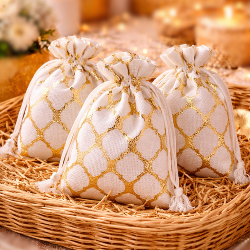 Golden Lines Drawstring Jute stylish Storage Potli pouches for Small Jewelries, Money, Paper Notes Women Wallet, Gift Bags, return gift, Women handbag Shagun Pouch, Candy Bags