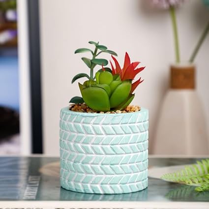 SATYAM KRAFT 1 PC Mini Artificial Green Indoor Succulent Plant with Aesthetic Ceramic Pot Faux Flower Plant to Add Charm to Your Home