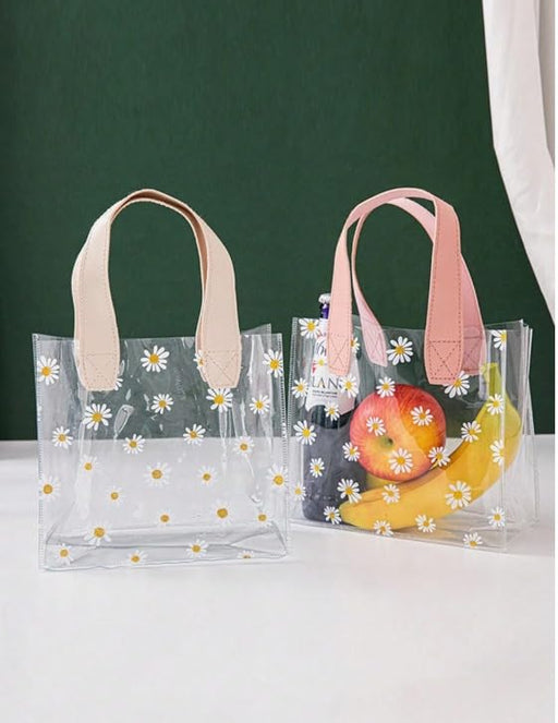 6 Pcs Transparent Gift Bag with Floral Print with Handle | Gift Bag for Her / Him,Handle hamper bag, Carry Bags, shopping gift bag, Presents, Packing, Wedding Return Gifts, Birthday, Events, Festivals (17 x 19 cm)