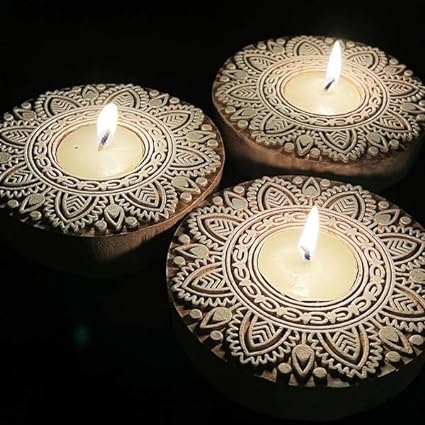 2 Pcs Wooden Candle Holder with 2 wax candle, Floor Decoration Reusable for Puja Decor Tealight Candle Holder Diya for Pooja decor.