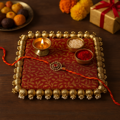 1 pcs Square Shape Handmade Gota Patti Rakhi Platter, Pooja Thali with White Jumkhi Moti | Wedding Ring Ceremony Tray, Ganpati Pooja Thali, Mandir, Housewarming, Marriage Gift, Table Decoration, Rakshabhandhan (8 Inch)