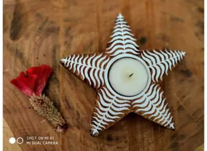 SATYAM KRAFT 2 Pcs Christmas Theme Wooden Candle Holder with 2 wax candle, Floor Decoration Reusable for Puja Decor Tealight Candle Holder Diya for Christmas decor.