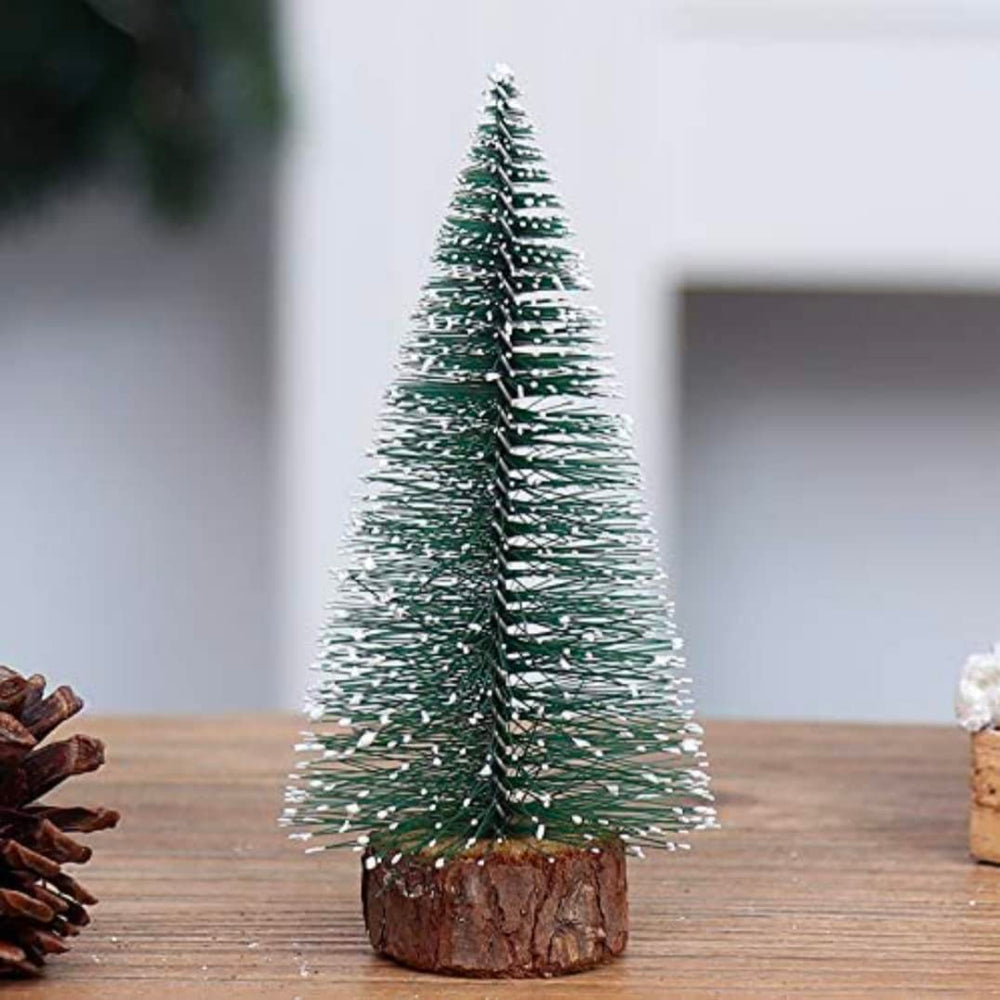 9 Pcs (30 cm) Artificial Mini Christmas Tree Beautiful Pine Tree Miniature with Wooden Base | Snow-Flocked Xmas Tree for Gifting, Home, Office, Tabletop & Christmas Decoration