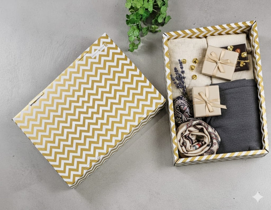 Multipurpose Viral Decorative Folding Paper Box With Golden base (without net and Twister) Rectangle Cardboard Box DIY Tray for Gift Hamper, Gifting (Cardboard Folding Paper Box),Room Hamper,Wedding Hamper