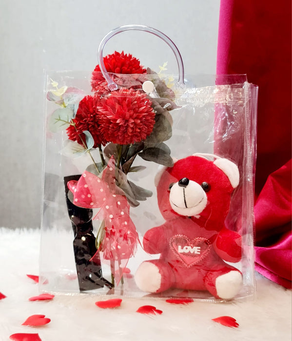 1 Set Romantic Valentine's Gift Hamper-Transparent Bag, Teddy, Ballflower bunch Sunglasses For your soulmate, Boyfriend-Girlfriend, Wife-Husband for valentine's Day,Birthday.