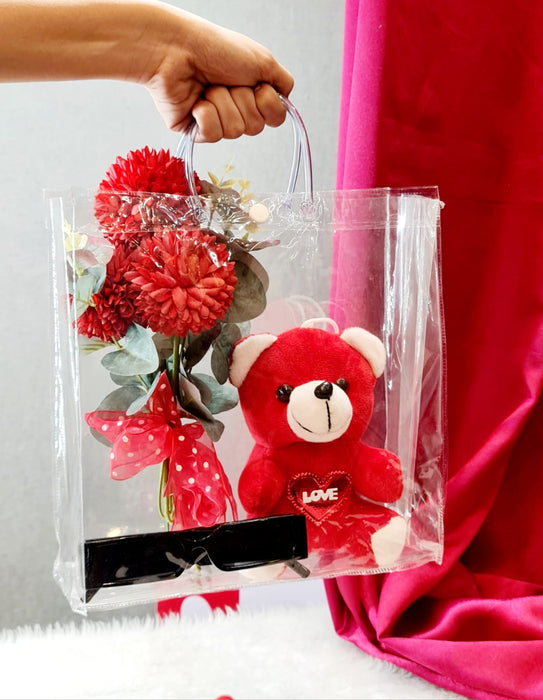 SATYAM KRAFT 1 Set Romantic Valentine's Gift Hamper-Transparent Bag, Teddy, Ballflower bunch Sunglasses For your soulmate, Boyfriend-Girlfriend, Wife-Husband for valentine's Day,Birthday.