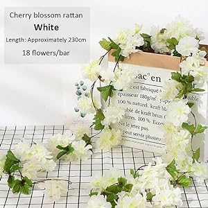 SATYAM KRAFT Artificial Cherry Blossom Rattan Flowers(White) Wall Hanging Decorative Vine String Lines Items for Diwali Decoration, Backdrop for Pooja Room, Home Decor (230 cm)