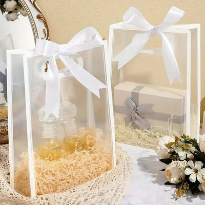 12 PCS Medium size Translucent Goodie Bags with Handles - Clear Gift Bags, Hamper, Shopping, Wedding Return, Birthday, Festivals & Event Bags (WHITE BORDER) (35x24x10 cm)
