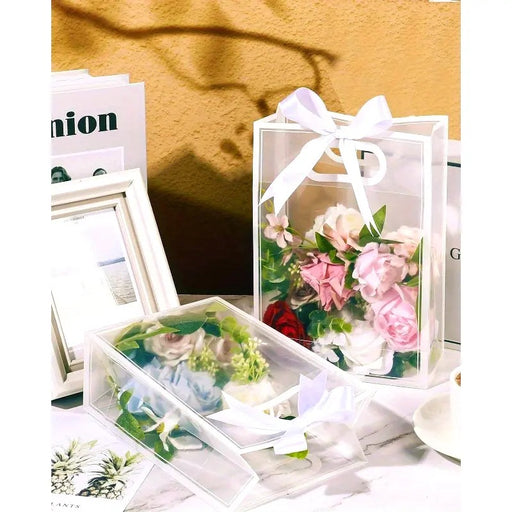 Medium size Translucent Goodie Bags with Handles - Clear Gift Bags, Hamper, Shopping, Wedding Return, Birthday, Festivals & Event Bags (WHITE BORDER) (35x24x10 cm)