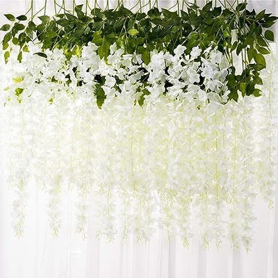 6 Pcs (43.2 inch) Artificial Wisteria Vine Garland Fake Silk Hanging Bush Flowers for Home Decor, Wedding, Pooja, Mandap, Outdoor Garden Decoration, Door & Balcony (White, Pack of 6)