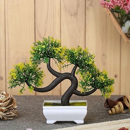 SATYAM KRAFT 1 Pc Artificial Bonsai Tree With Designer Pot for Home Decor,Artificial Plant Bonsai Fake Tree, Room Decorations, Living Room Table, Diwali Decoration Plants and Craft Items Corner (Pack of 1)