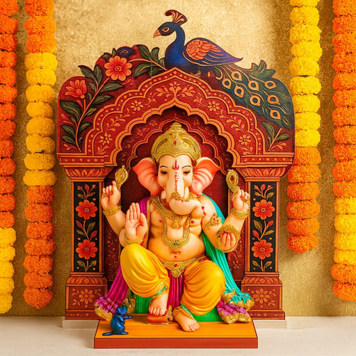 3D Handcrafted Foldable Wooden Mandap Backdrop | Peacock & Floral Design | Ganesh Chaturthi, Janmashtami, Durga Pujo, Navratri & Diwali Home Temple Decor
