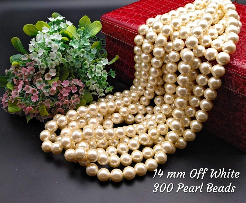 300 Pcs Artificial Off White Moti (14 mm) Pearls Beads for Jewellery Making, Earring, Necklace, Bracelet Set for Beading, Crafting, Scrap Booking and Hand Embroidery Materials DIY