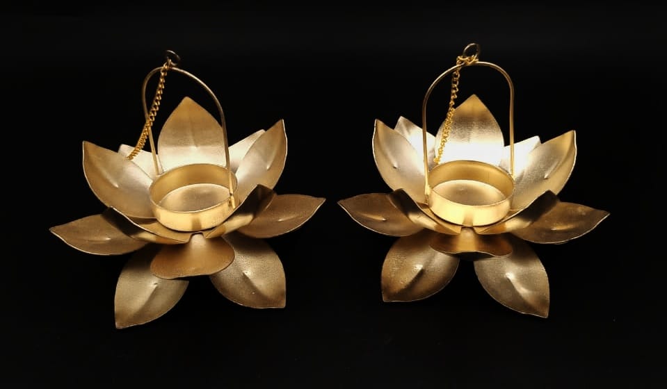 2 Pcs Metal Lotus Candle Holder with Hanging Big Size for Home Decoration Diwali Decoration