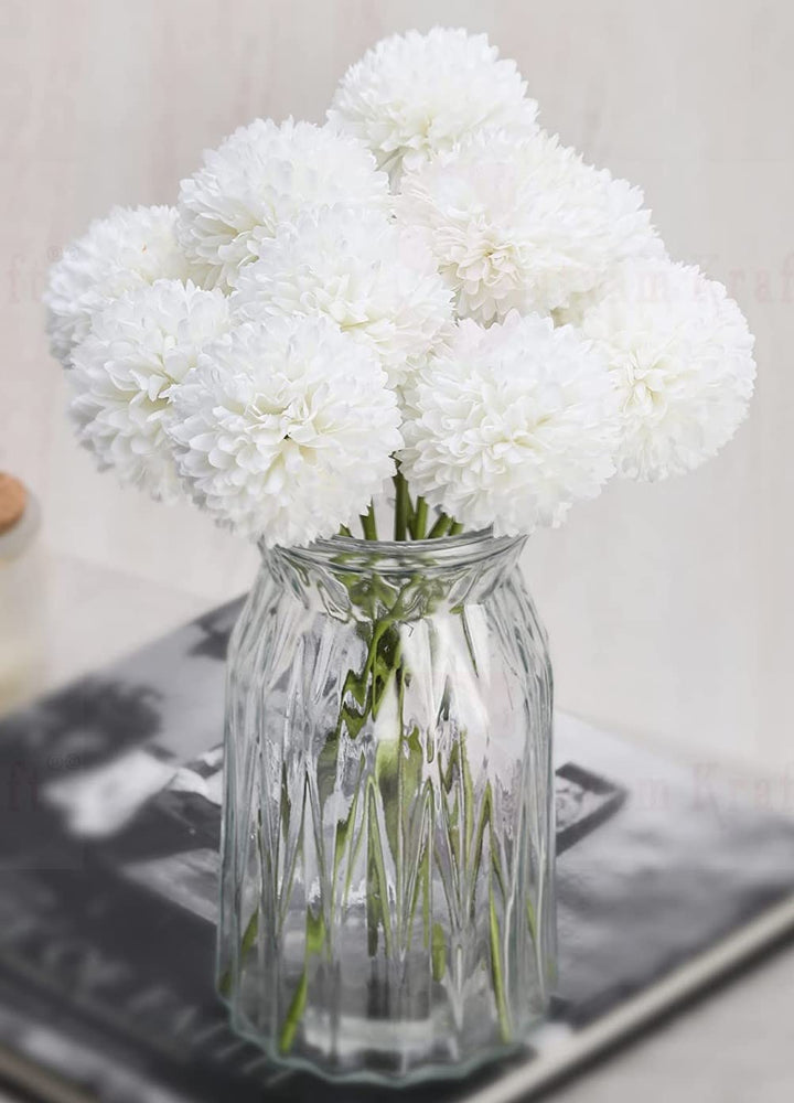 10 Pcs Artificial Chrysanthemum Ball Hydrangea Flower Stick for Home, Office, Bedroom, Balcony, Living Room Decoration and Craft - (Pack of 10) (Without Vase Pot)