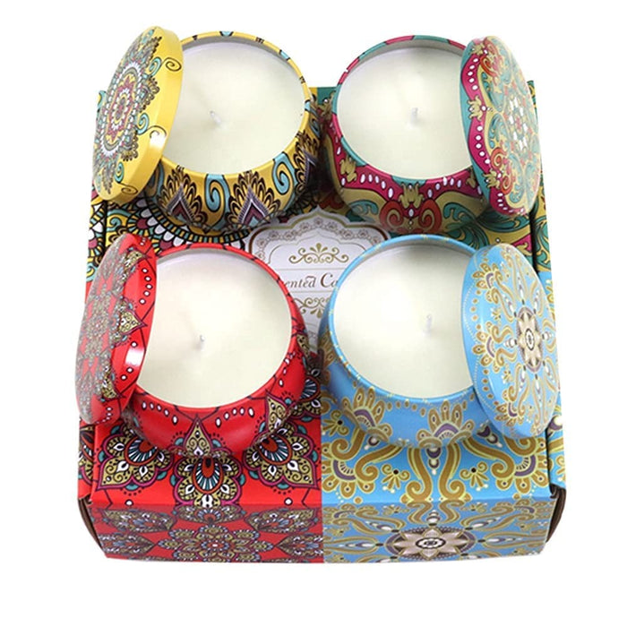 SATYAM KRAFT 4 Pcs Tin Can Round Shape Aroma Scented Soy Wax Candle Gift Perfect for Candlelight Dinner, Home Decoration, Aroma Fragrance (Random Color, Pack of 4)