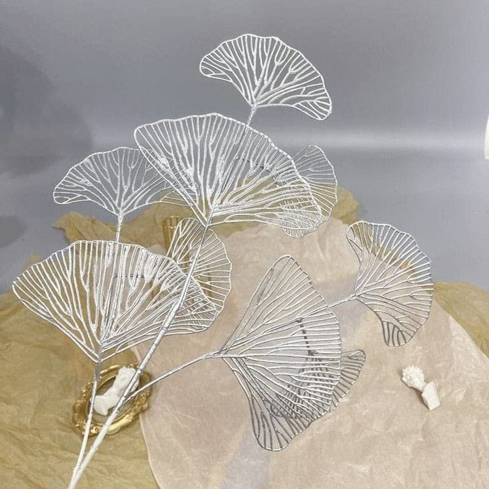 4 Pcs Artificial Flower Gingko Leaves Fake Flowers Sticks Bunch Decorative Items for Home, Living Room Table Decoration Plants and Craft Items Corner (Without Vase Pot) (Light Silver)