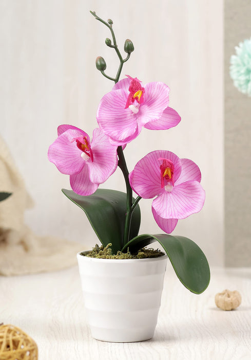 SATYAM KRAFT 1 Pcs Artificial Orchid Fake Flower with Plastic Pot Plant Decorative Items for Home Balcony Room Living Room Table Decor Plants and