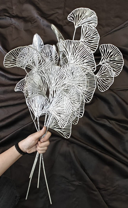 SATYAM KRAFT 4 Pcs Artificial Flower Gingko Leaves Fake Flowers Sticks Bunch Decorative Items for Home, Living Room Table Decoration Plants and Craft Items Corner (Without Vase Pot) (Light Silver)