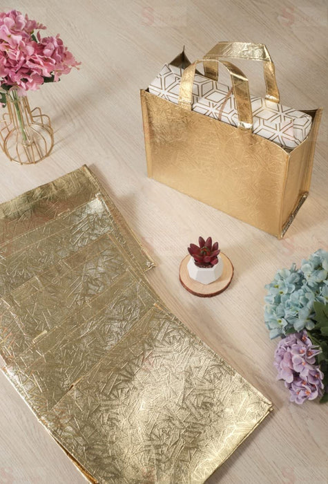 12 pcs Small Size Non Woven Fabric Bag With Handle 28 x 25 cm Gift Paper bag, Carry Bags, gift bag, gift for Birthday, gift for Festivals, Season's Greetings and other Events(Gold)(Pack of 12)