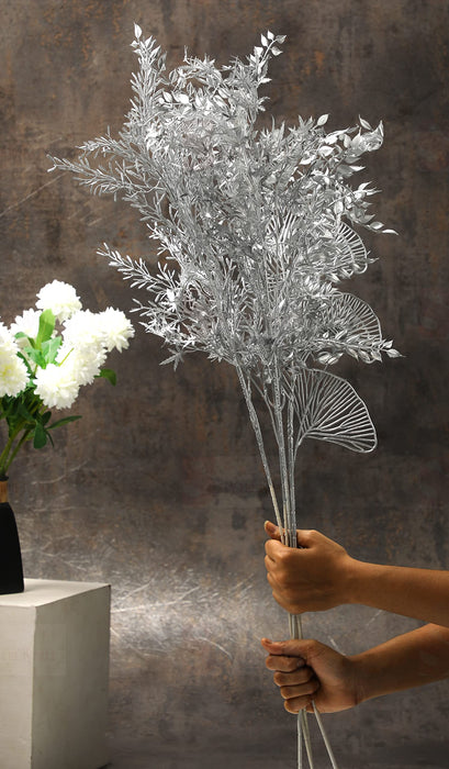 SATYAM KRAFT 4 Pcs Artificial Flower Gingko Leaves Fake Flowers Sticks Bunch Decorative Items for Home, Living Room Table Decoration Plants and Craft Items Corner (Without Vase Pot) (Light Silver)