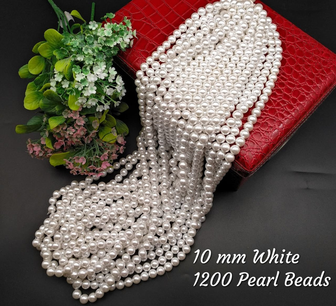 1200 Pcs Artificial White Moti (10 mm) Pearls Beads for artificial jewellery making, Earring , Necklace , Bracelet Set for Girls and Women, beading, crafting, scrap booking and hand embroidery materials DIY Jewellery (1200 Pieces)