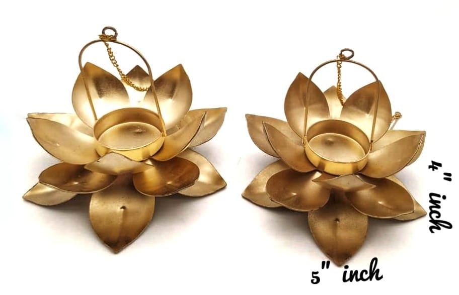 2 Pcs Metal Lotus Candle Holder with Hanging Big Size for Home Decoration Diwali Decoration