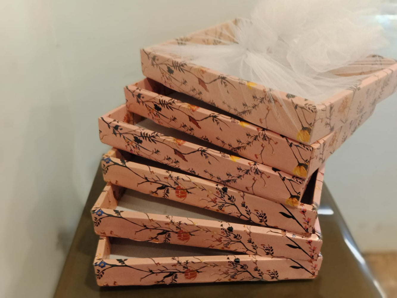 SATYAM KRAFT 5 Pcs Multipurpose Decorative Folding Paper Box Net Rectangle Cardboard Box with Net DIY Tray for Gift Hamper, Gifting (Cardboard Folding Paper Box)