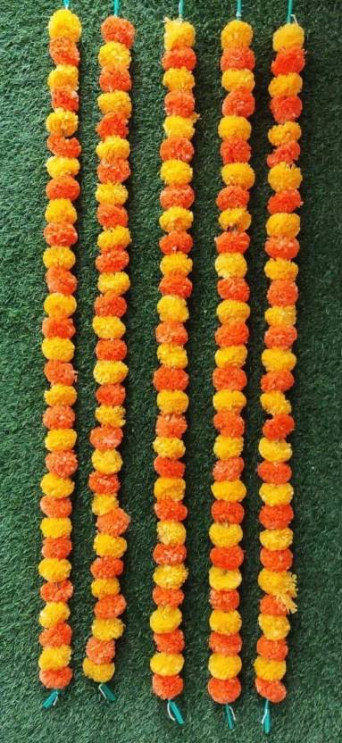 25 Pcs Artificial Marigold  Galgota line Flowers Garlands Orange and yellow for Decoration Artificial genda phool Flower line for Decoration Home Decor, Decor,Flower Decoration line(Pack Of 25)